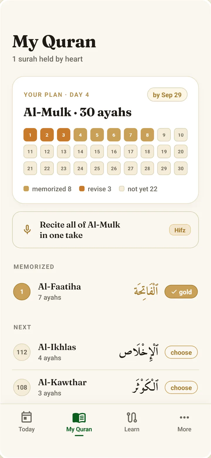 The My Quran screen: a 30-ayah grid for Surah Al-Mulk with eight ayahs memorised in gold, three due for revision, and the rest not yet started.
